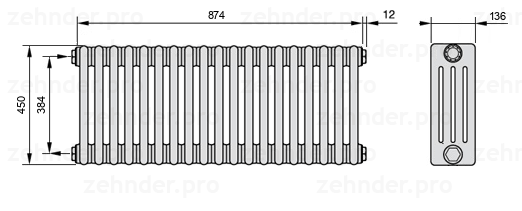 Схема (чертеж) Радиатор Zehnder Charleston 4045/19 №1270 Белый глянцевый RAL 9016